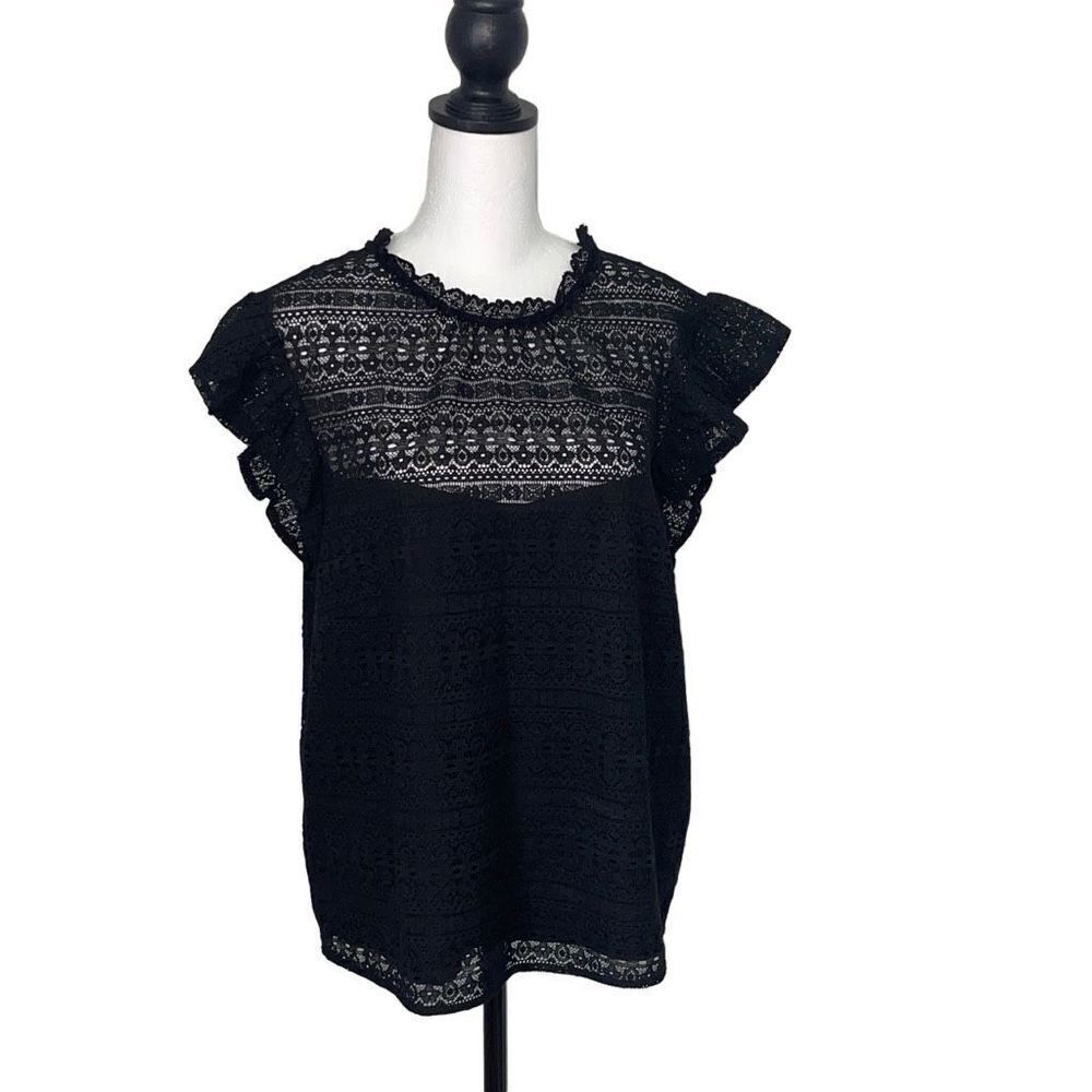 Lucy Paris Lace Flutter Sleeve Top Womens Black Romantic Ruffle Neck Blouse Med
